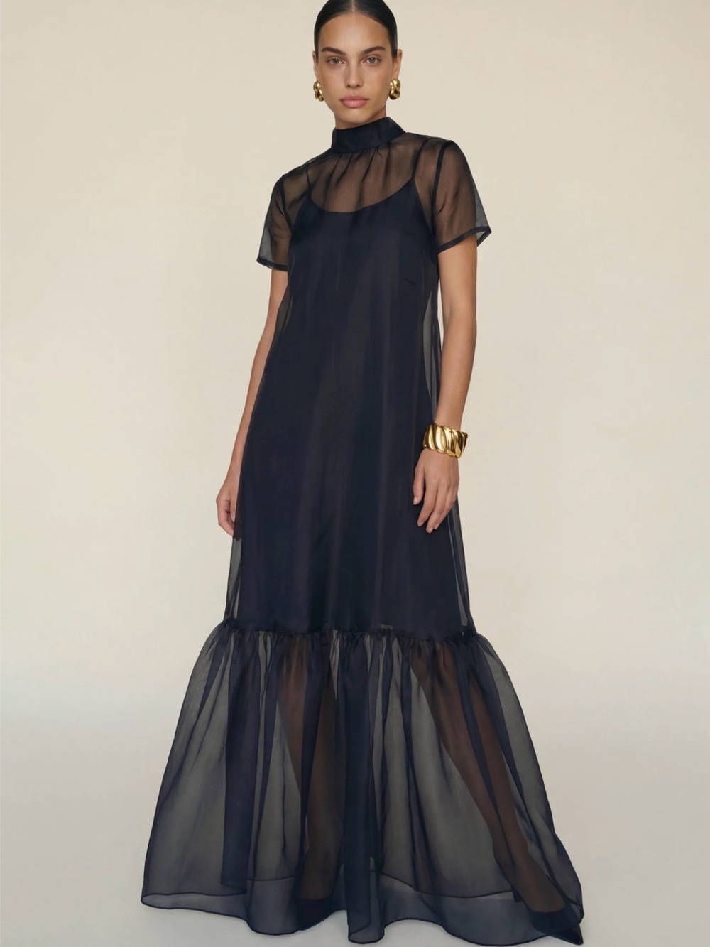 Chiffon Sheer Overlay Maxi Dress in Black